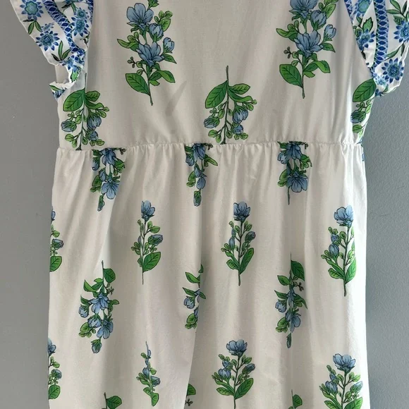 entro White Midi Dress with Blue Floral Print and Green Trim - Picture 9 of 16